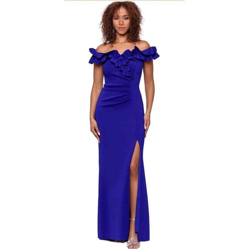 Xscape Women's Blue Ruffled Ruched Scuba Stretch Lined Fit & Flare Gown Size 14